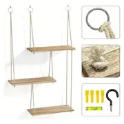 三层浮动壁架，波西米亚风格墙壁装饰植物架，悬挂式架子，绳索乡村风格整理收纳架，家居装饰，适用于客厅、浴室、办公室、车库、卧室、厨房整理和装饰，圣诞节装饰 详情 6