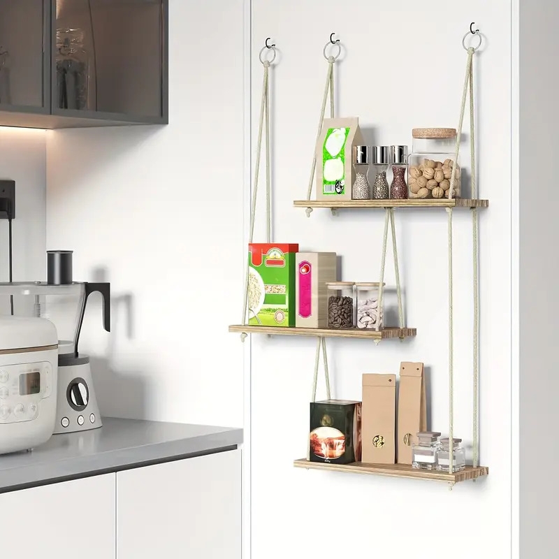 三层浮动壁架，波西米亚风格墙壁装饰植物架，悬挂式架子，绳索乡村风格整理收纳架，家居装饰，适用于客厅、浴室、办公室、车库、卧室、厨房整理和装饰，圣诞节装饰 详情 8