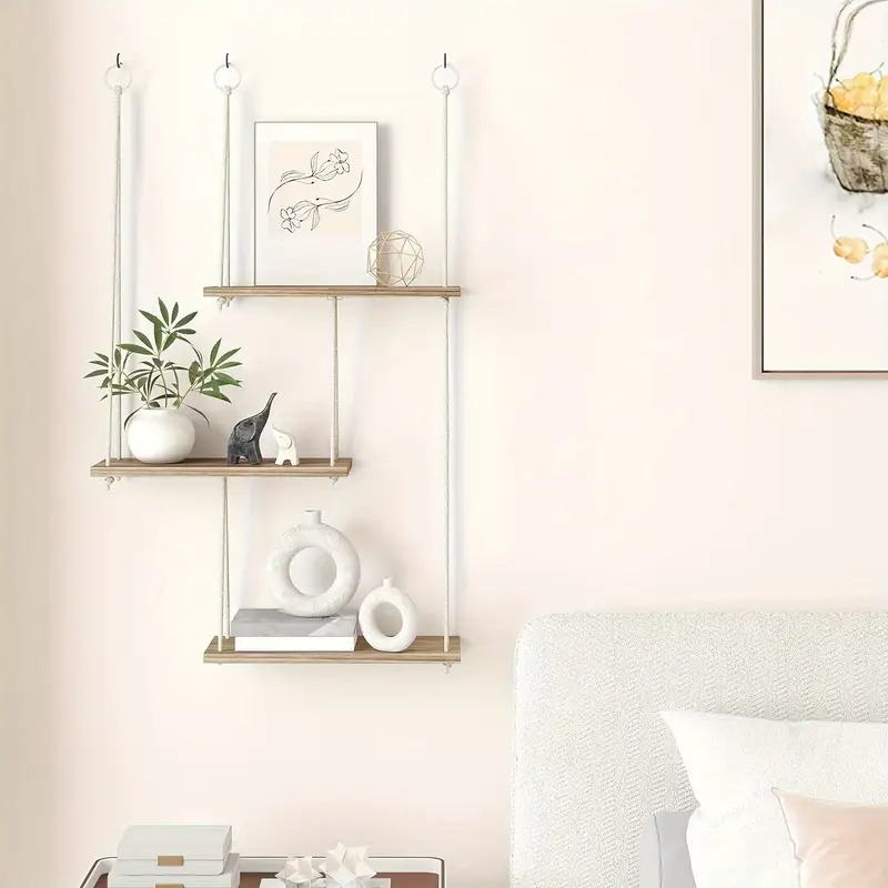 三层浮动壁架，波西米亚风格墙壁装饰植物架，悬挂式架子，绳索乡村风格整理收纳架，家居装饰，适用于客厅、浴室、办公室、车库、卧室、厨房整理和装饰，圣诞节装饰 详情 3
