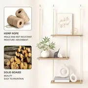 三层浮动壁架，波西米亚风格墙壁装饰植物架，悬挂式架子，绳索乡村风格整理收纳架，家居装饰，适用于客厅、浴室、办公室、车库、卧室、厨房整理和装饰，圣诞节装饰 详情 7