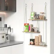 三层浮动壁架，波西米亚风格墙壁装饰植物架，悬挂式架子，绳索乡村风格整理收纳架，家居装饰，适用于客厅、浴室、办公室、车库、卧室、厨房整理和装饰，圣诞节装饰 详情 8