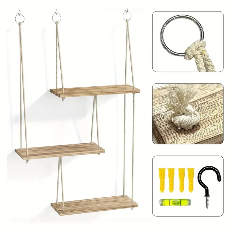 三层浮动壁架，波西米亚风格墙壁装饰植物架，悬挂式架子，绳索乡村风格整理收纳架，家居装饰，适用于客厅、浴室、办公室、车库、卧室、厨房整理和装饰，圣诞节装饰 详情 6