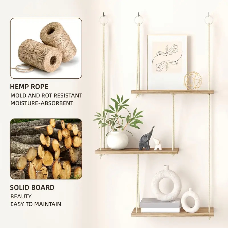 三层浮动壁架，波西米亚风格墙壁装饰植物架，悬挂式架子，绳索乡村风格整理收纳架，家居装饰，适用于客厅、浴室、办公室、车库、卧室、厨房整理和装饰，圣诞节装饰 详情 7