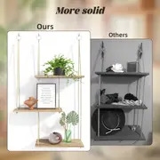 三层浮动壁架，波西米亚风格墙壁装饰植物架，悬挂式架子，绳索乡村风格整理收纳架，家居装饰，适用于客厅、浴室、办公室、车库、卧室、厨房整理和装饰，圣诞节装饰 详情 4