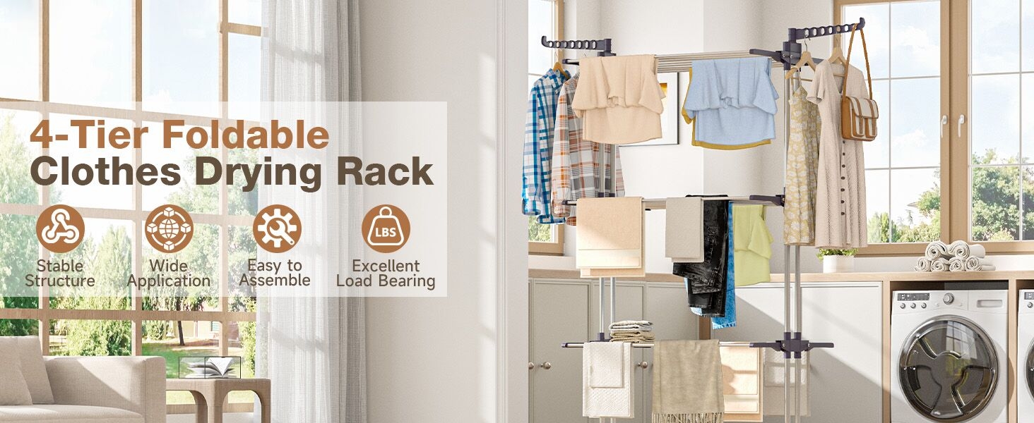 Text reads '4-Tier Foldable Clothes Drying Rack'. Multiple views of a collapsible clothing rack with product icons showing features like space saving and load bearing capacity.