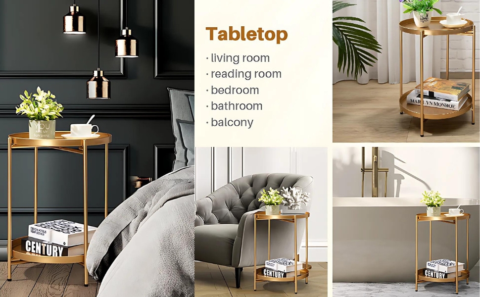 Hot Sale Nordic Light Luxury Removable Small Coffee Table Balcony Casual Small Round Table Living Room Bedroom Double Deck Coffee Table, MULTICOLOR End Table,Folding Metal Side