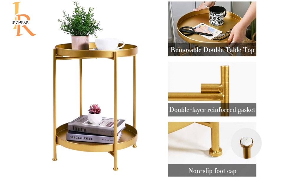 Hot Sale Nordic Light Luxury Removable Small Coffee Table Balcony Casual Small Round Table Living Room Bedroom Double Deck Coffee Table, MULTICOLOR End Table,Folding Metal Side