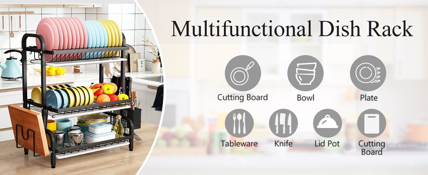 Large Capacity Dish Drainer with Cutting Board Holder Drain Board Tray