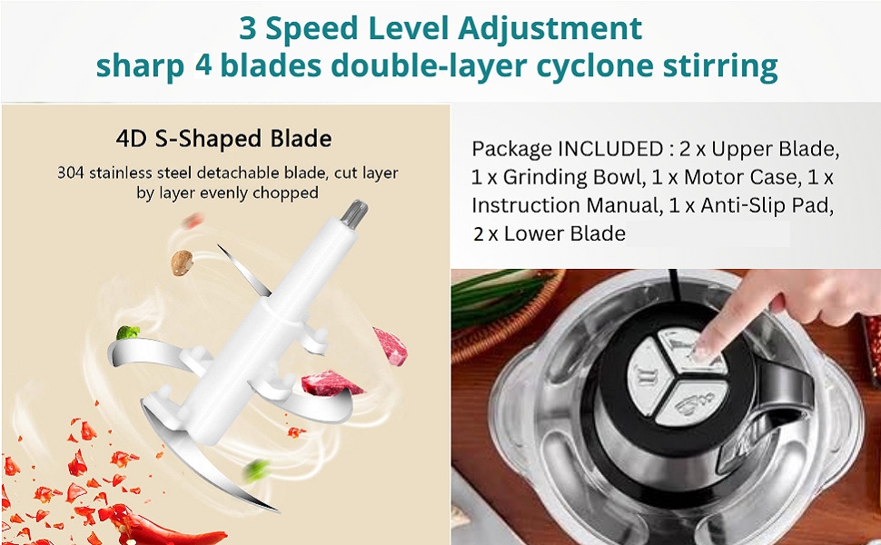 Hot Sale Multifunctional 3 Speeds Control Electric Food Processor,3L Meat Grinder,Food Chopper,600W 4 Bi-Level Blades, Stainless Steel Blender Bowl, Rubber Ring for Stability fourth