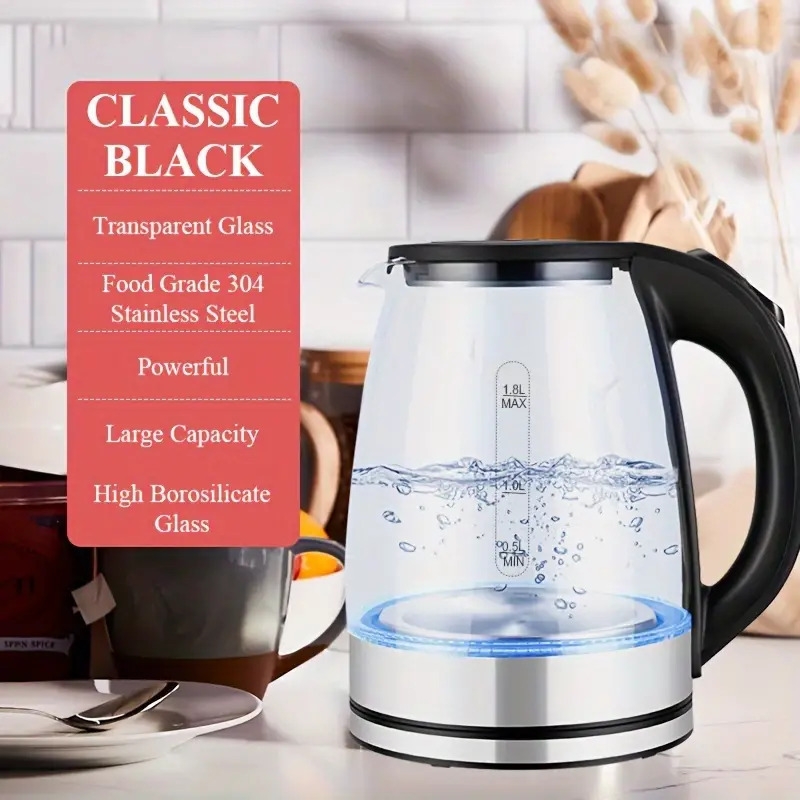 1pc electric kettle for coffee tea 1 8l water boiler 1000w borosilicate glass easy clean wide opening auto shut off cool touch handle led light 360 rotation boil dry protection details 2