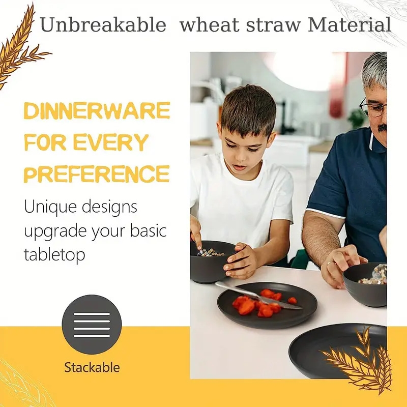 16pcs set durable wheat straw dinnerware set microwave dishwasher safe reusable plates bowls and cups black set of 4 perfect for everyday use details 4