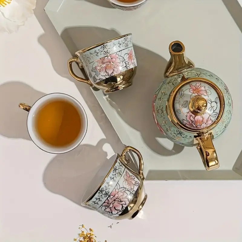 5pcs ceramic tea set including 1 teapot and 4 teacups european style gilded ceramic tea set coffee set tea party restaurant coffee shop tea party set gift package Product details 5