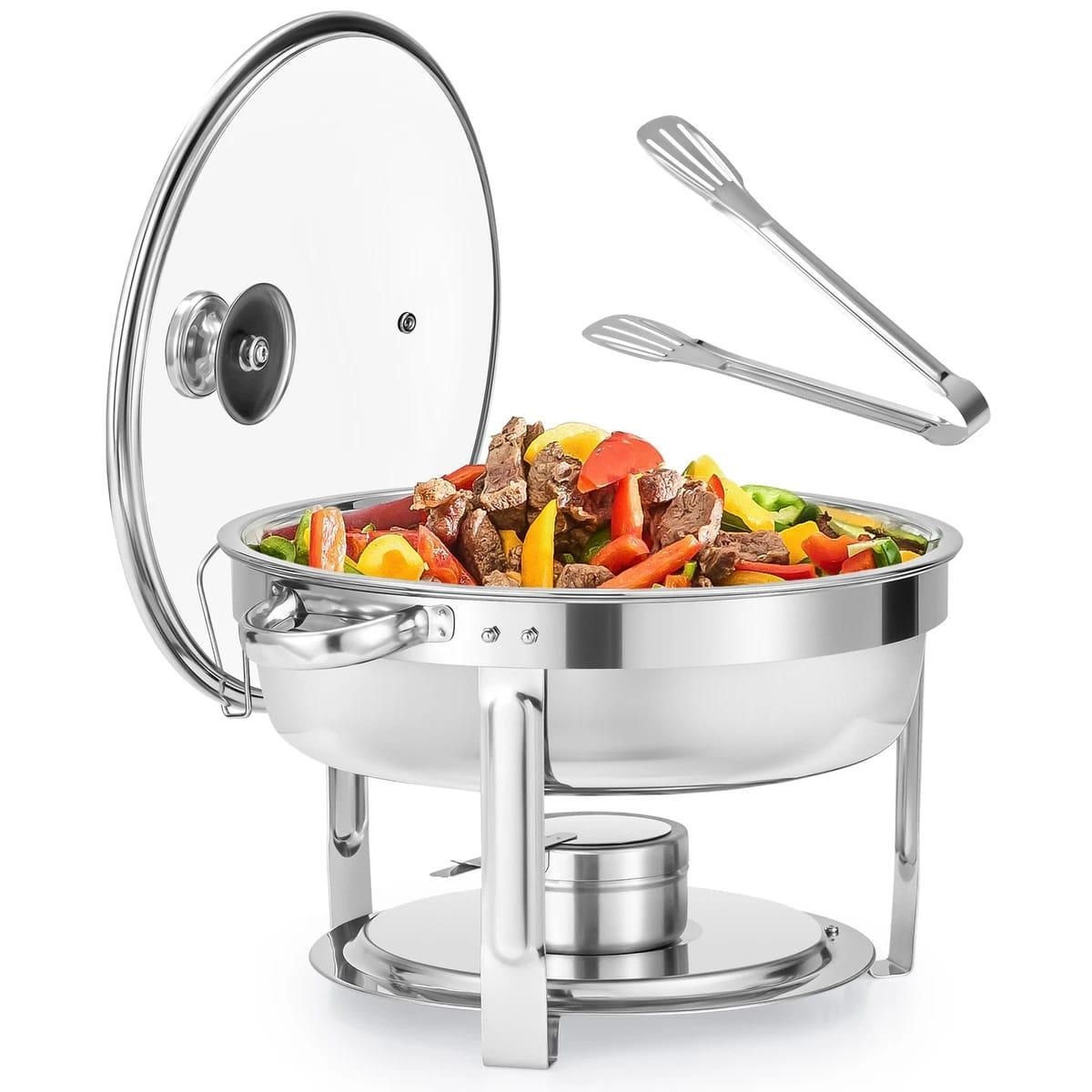 5 LITERS Chafing Dish for Buffet, Stainless Steel Round Chafers and Buffet Warmers Sets with Glass Lid & Lid Holder, Stackable Design, for Catering Events, Parties, Weddings, Multicolor, PACK OF 1 https://ke.jumia.is/cms/external/pet/GE840HA6438V0NAFAMZ/03580f072133e609e2572df4a53fcd4a.jpg
