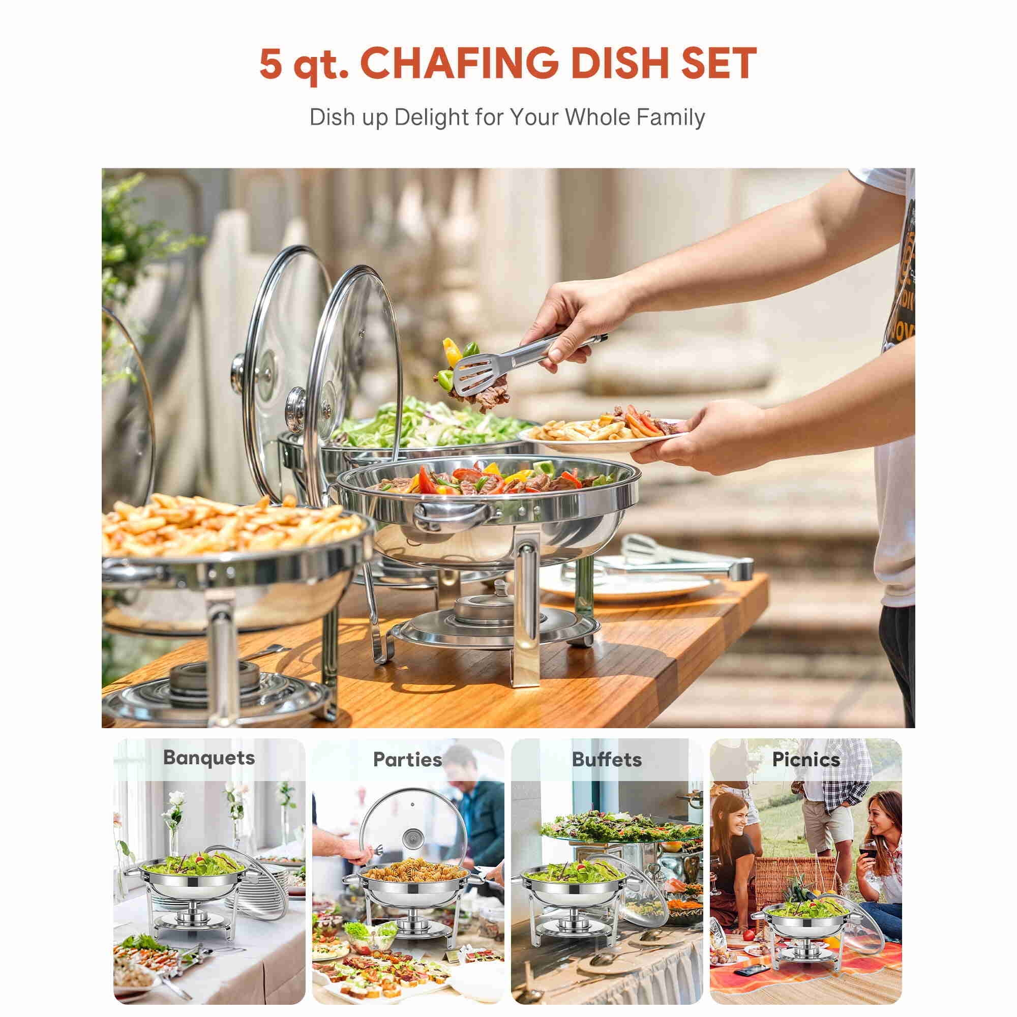 5 LITERS Chafing Dish for Buffet, Stainless Steel Round Chafers and Buffet Warmers Sets with Glass Lid & Lid Holder, Stackable Design, for Catering Events, Parties, Weddings, Multicolor, PACK OF 1 Wilprep 5 Quart Chafing Dish Buffet Set Stainless Steel Round Chafing Dish Set