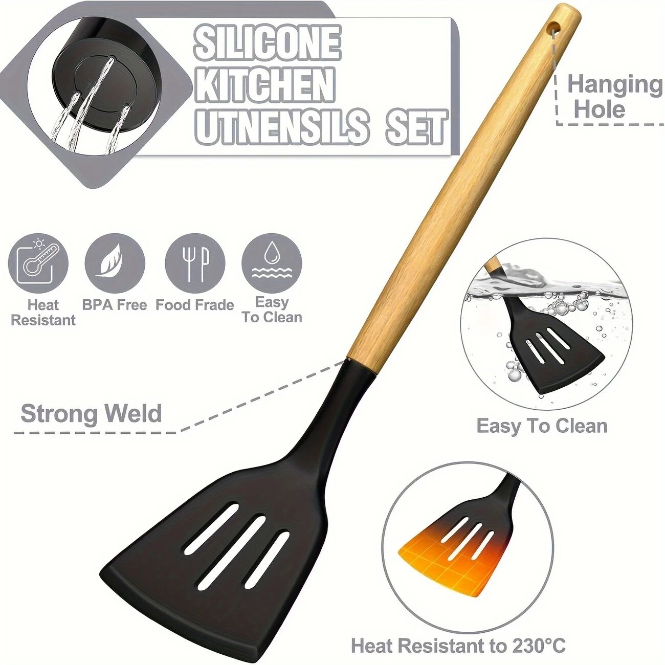 kitchen utensils set 34pcs silicone cooking utensils with holder heat resistant kitchen utensil spatula set for nonstick cookware black wooden handles kitchen gadgets tools set details 3
