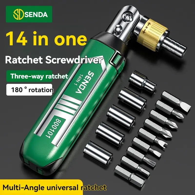 14合1重型棘轮螺丝刀套装，带三向棘轮（前进/反转/锁定）， °可旋转磁性批头夹持器和14个集成批头（六角/十字/梅花）- 机械师、diy的全能工具包 商品详情 2