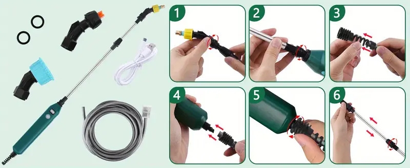 portable electric garden sprayer with 3 nozzles and 5m hose rechargeable handheld and suitable for yard lawn care details 8