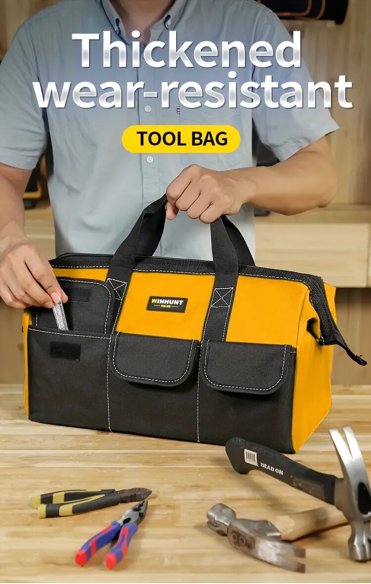  重型耐磨工具包 - 加厚便携式宽口多隔层电工、木匠、机械师及家用（黄色/黑色）| 坚固手柄工具袋 | 多功能工具收纳包 商品详情 0