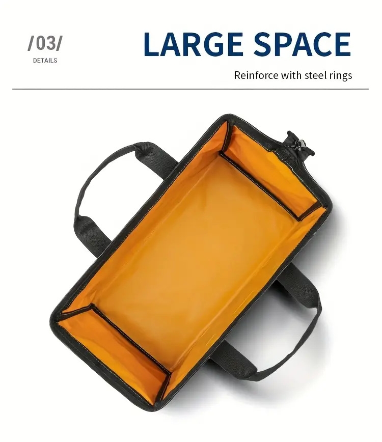  重型耐磨工具包 - 加厚便携式宽口多隔层电工、木匠、机械师及家用（黄色/黑色）| 坚固手柄工具袋 | 多功能工具收纳包 商品详情 4
