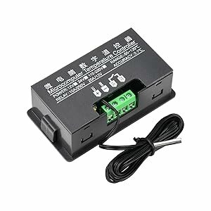 Digital temperature controller module with LED display, green terminal block, and attached temperature probe. Black plastic housing with Chinese and English text visible on top.