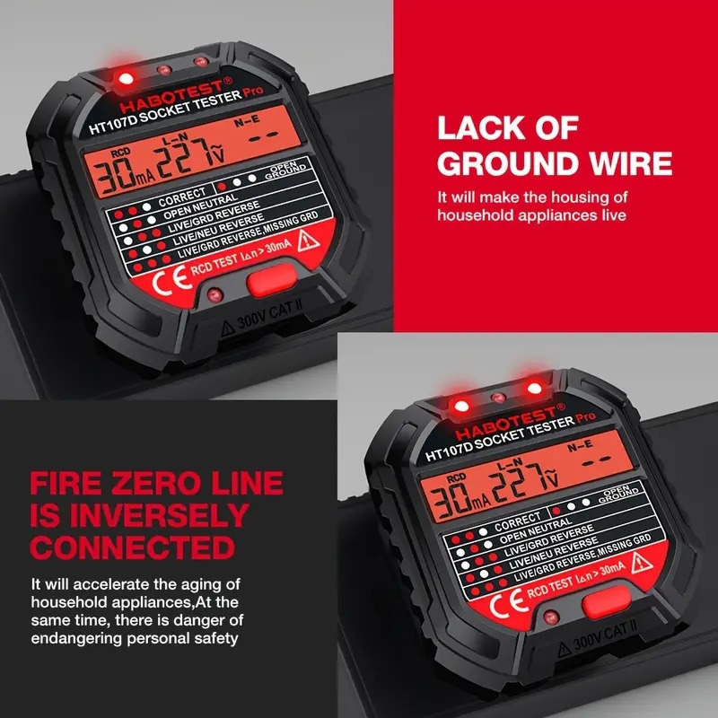   ht107b 重型数字插座测试仪，带多功能电气安全分析仪 - 全球电压110-240v，认证，一键测试接地问题，过载/短路检测，无需组装，兼容欧盟/美国插头类型（b/n/m/r/l型），实时显示和存储记忆，适用于家庭/办公室/工业用途 商品详情 8