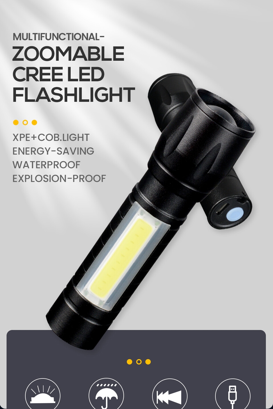 NEW Torch light 5W XPE+COB 400lm waterproof IP65 zoomable tactical pocket torch usb portable flashlight for camping fishing