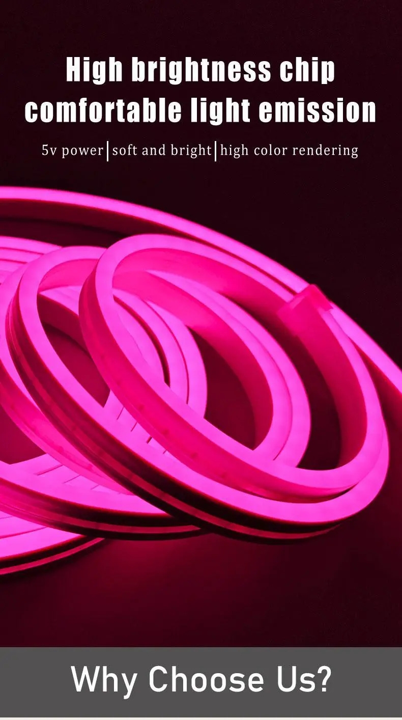 1条粉色led霓虹灯带，usb供电，带按钮控制，安全电压5v，适合生日派对装饰和圣诞户外活动 - 无需电池 详情 0