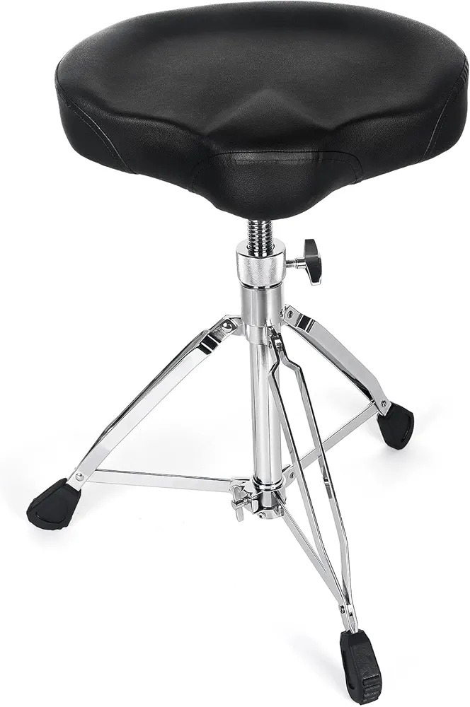 AKOLT Saddle Drum Throne, Leather Top Drum Chair, Heavy Duty Drum Seat, Screw Adjust Height Drum Stool, Motorcycle Style, Suitable for Adult Drummers Black