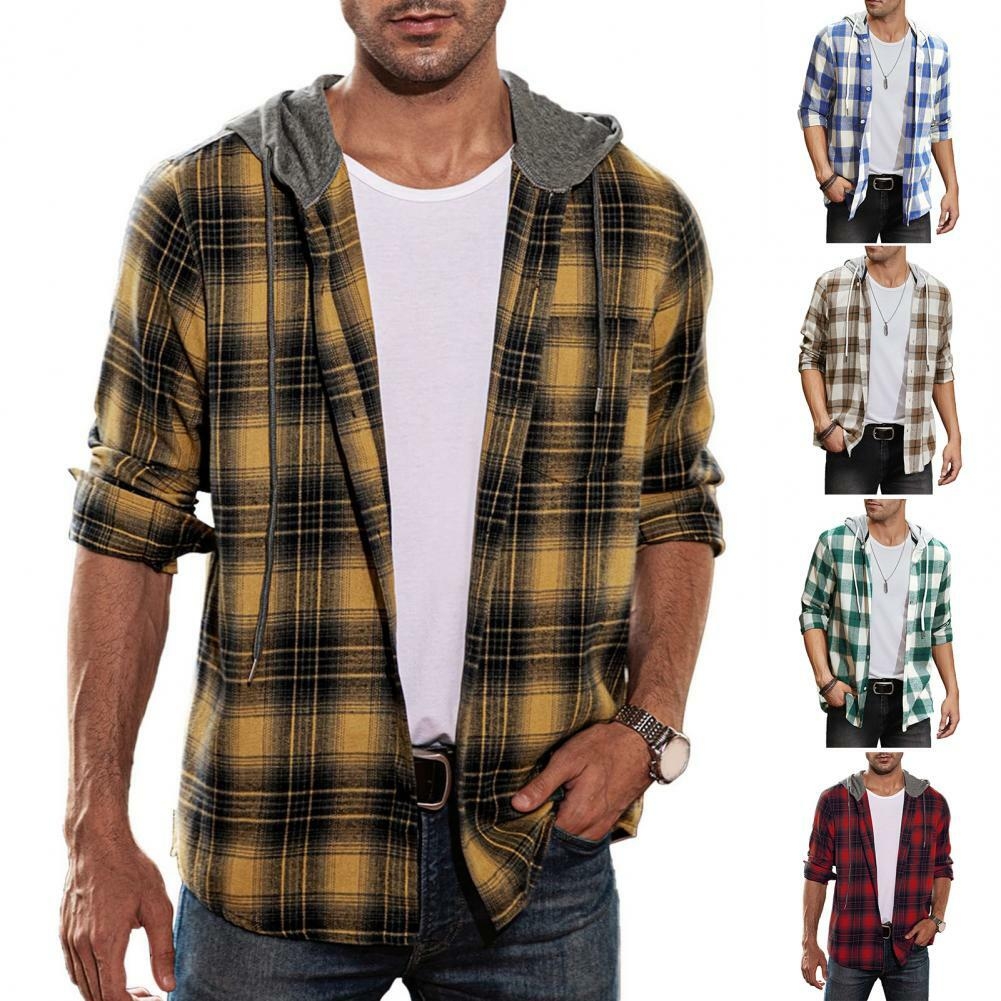 Details of Hoodie Shirt Plaid Drawstring Long Sleeves Loose Flannel Autumn Winter Checkered Coat Jacket Sweatshirt Hoodies For Daily Wear