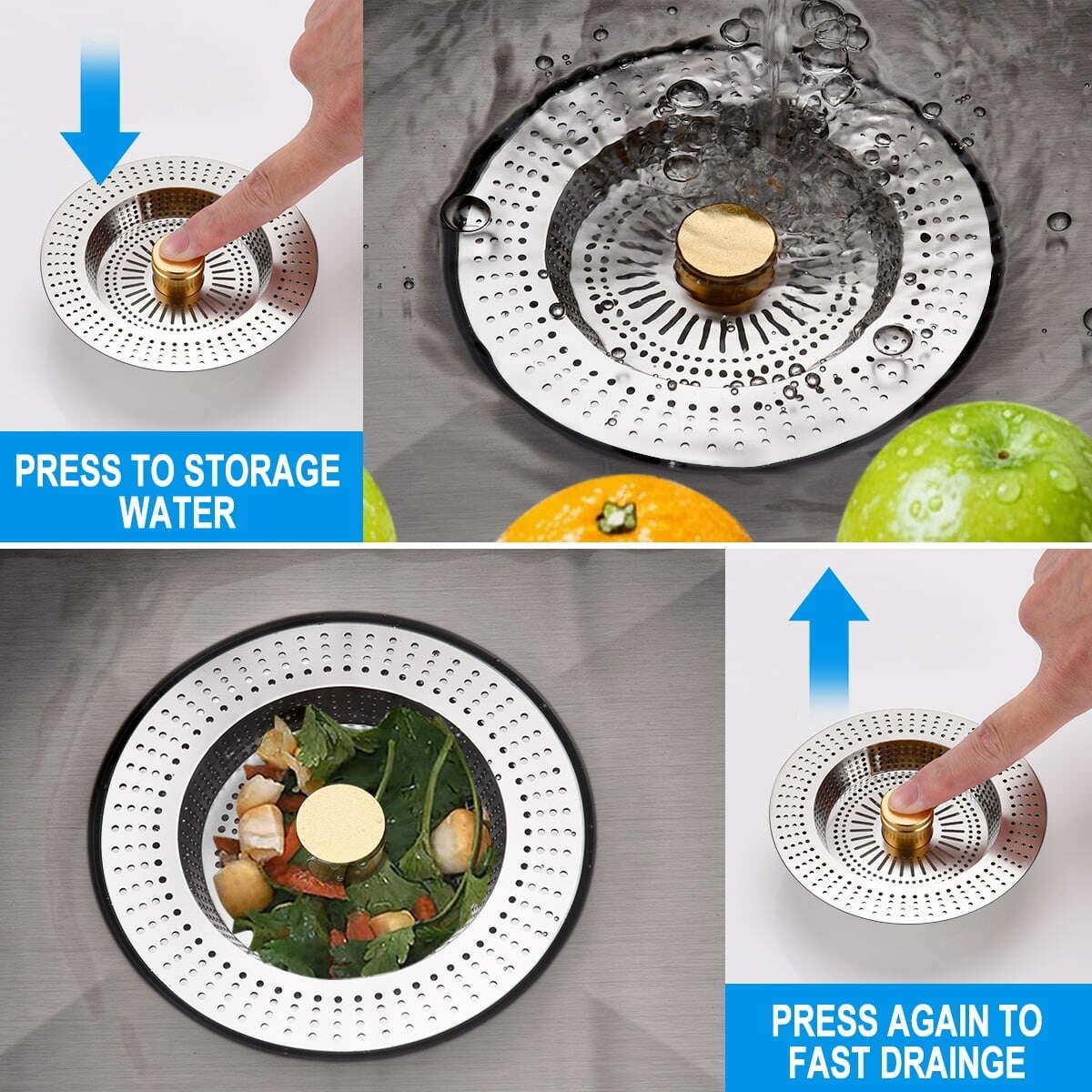 Upgraded 3-in-1 Kitchen Sink Drain Strainer & Stopper, Stainless Steel Kitchen Drain Plug & Cover with Anti-Clogging Basket Strainer, Fit USS Standard 3-1/2 in Sink Drain Hole, Silver