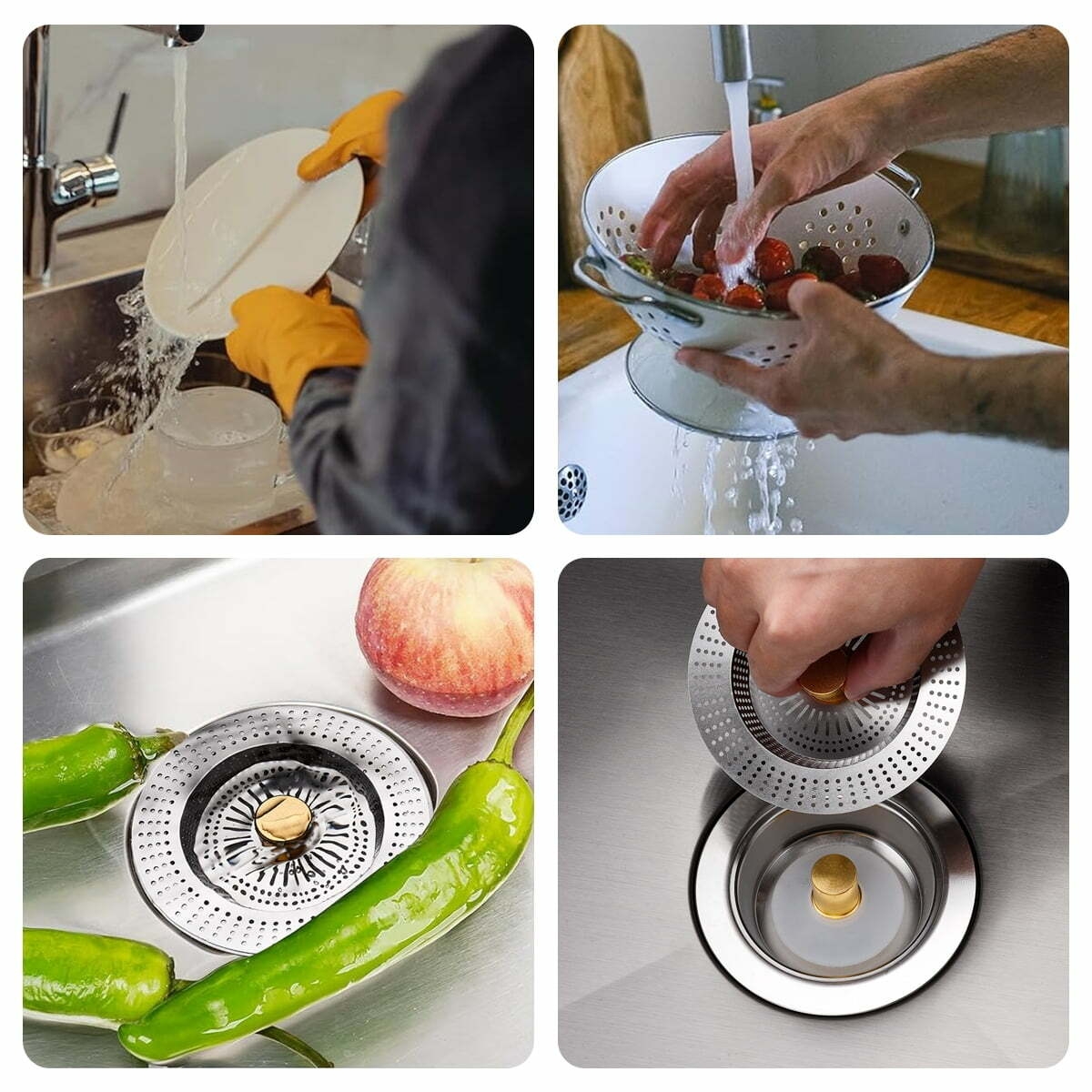 Upgraded 3-in-1 Kitchen Sink Drain Strainer & Stopper, Stainless Steel Kitchen Drain Plug & Cover with Anti-Clogging Basket Strainer, Fit USS Standard 3-1/2 in Sink Drain Hole, Silver