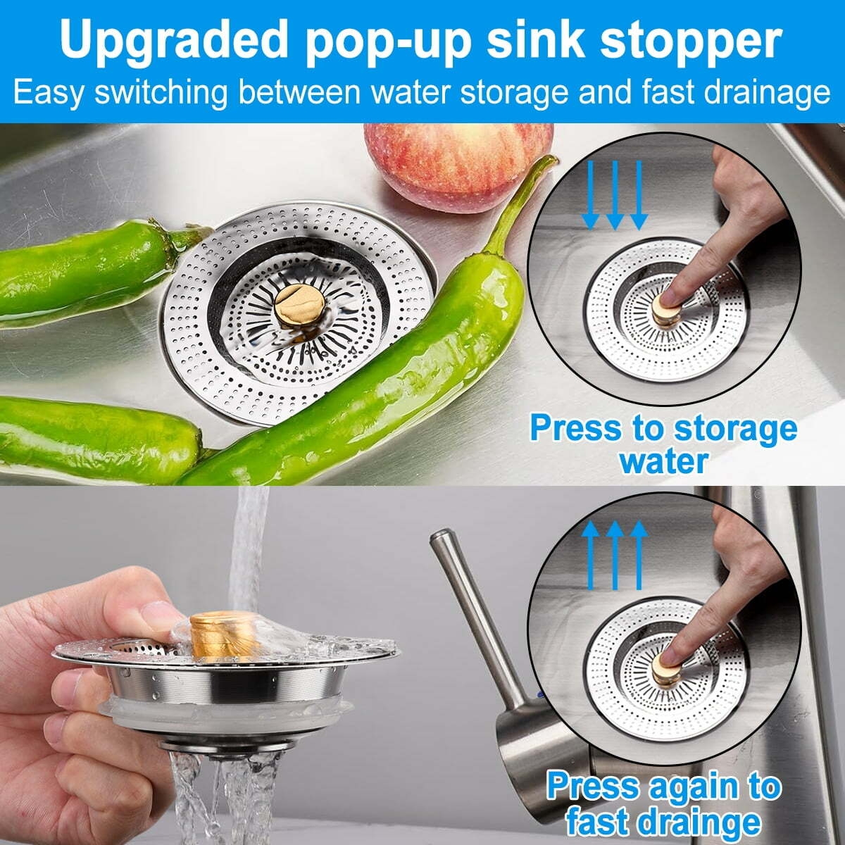 Upgraded 3-in-1 Kitchen Sink Drain Strainer & Stopper, Stainless Steel Kitchen Drain Plug & Cover with Anti-Clogging Basket Strainer, Fit USS Standard 3-1/2 in Sink Drain Hole, Silver