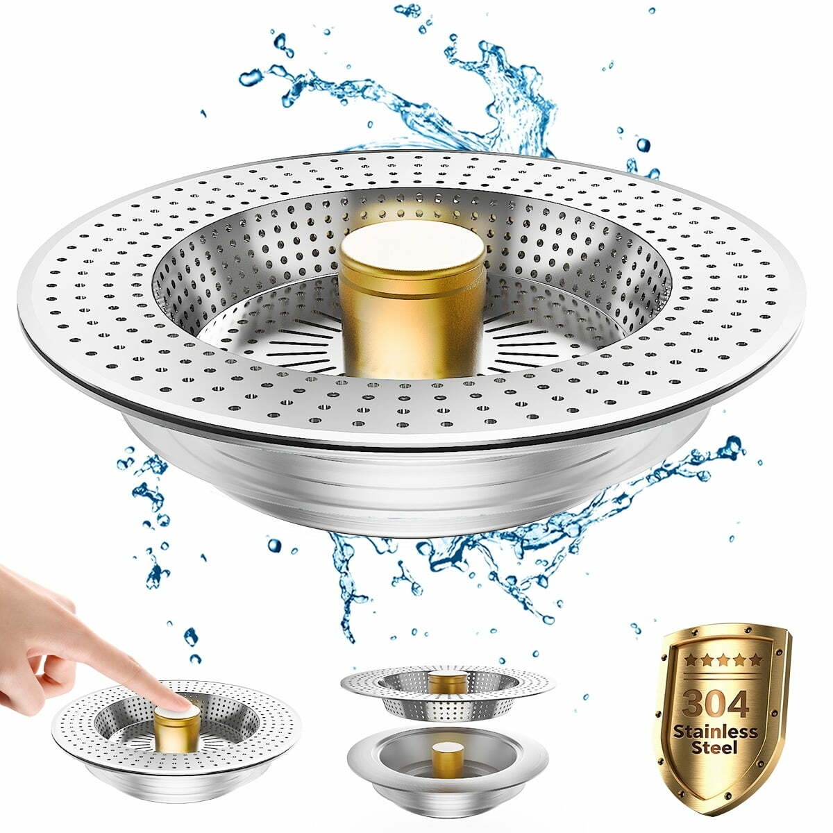 Upgraded 3-in-1 Kitchen Sink Drain Strainer & Stopper, Stainless Steel Kitchen Drain Plug & Cover with Anti-Clogging Basket Strainer, Fit USS Standard 3-1/2 in Sink Drain Hole, Silver