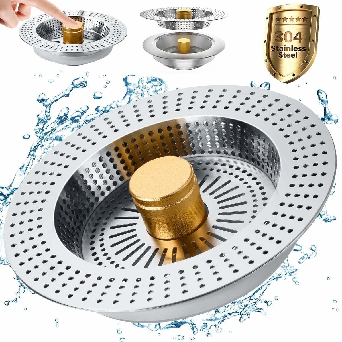Upgraded 3-in-1 Kitchen Sink Drain Strainer & Stopper, Stainless Steel Kitchen Drain Plug & Cover with Anti-Clogging Basket Strainer, Fit USS Standard 3-1/2 in Sink Drain Hole, Silver