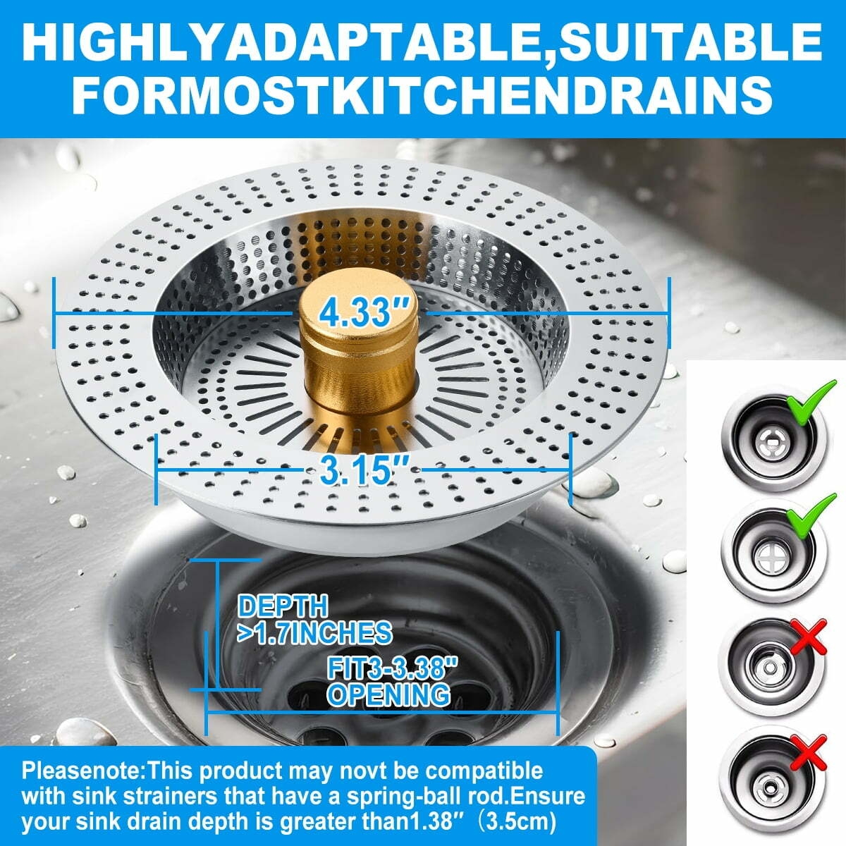 Upgraded 3-in-1 Kitchen Sink Drain Strainer & Stopper, Stainless Steel Kitchen Drain Plug & Cover with Anti-Clogging Basket Strainer, Fit USS Standard 3-1/2 in Sink Drain Hole, Silver