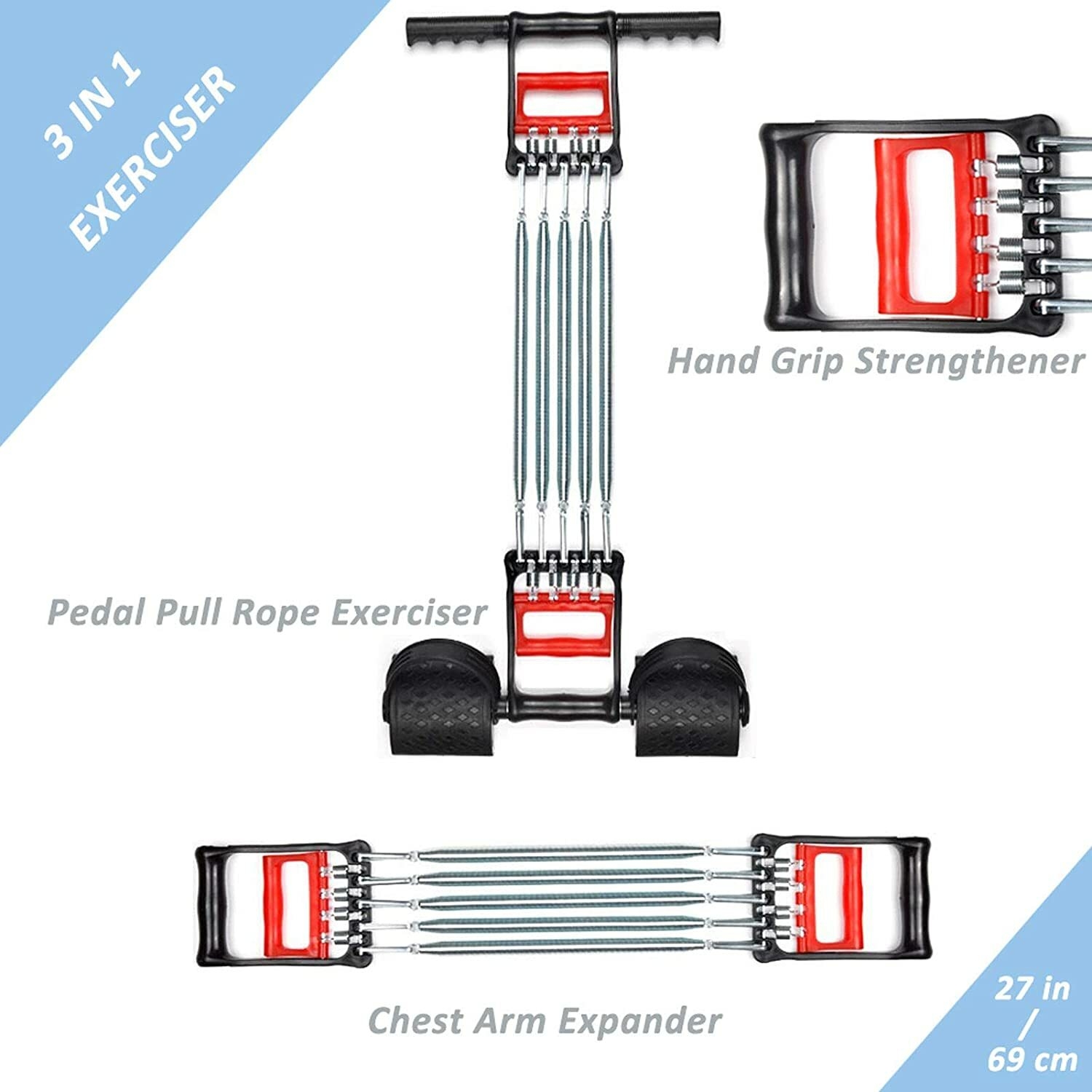 3 in 1 Exerciser - Spring Chest Expander, Hand Grip Strengthener, Pedal Pull Rope Band - Fitness Equipment with 5 Metal Spring