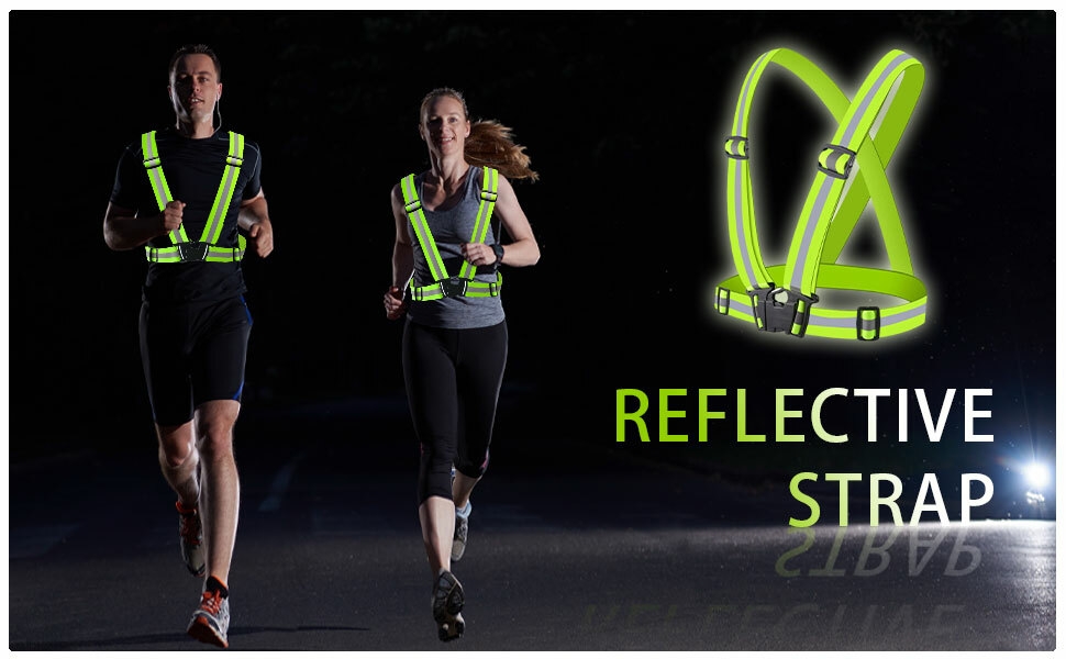 Cinturino di sicurezza riflettente indossato dai corridori in condizioni di oscurità. Mostra cinghie verdi luminose sul busto
