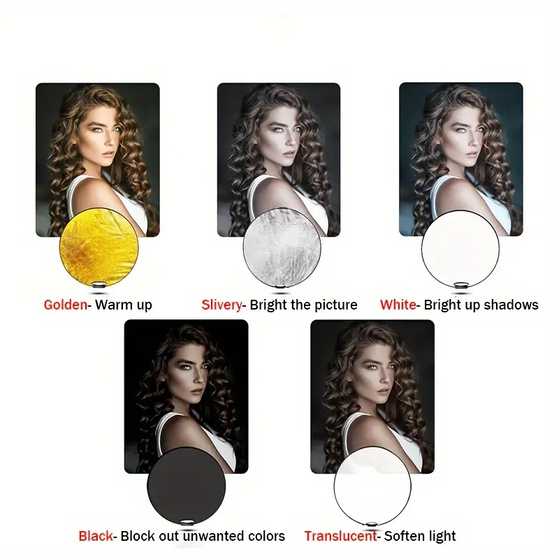 5合1可折叠摄影反光板套装带收纳袋 - 便携式光板，适用于室内/室外使用，提供23.6英寸、31.5英寸、43.3英寸尺寸，半透明、白色、银色、金色、黑色 详情 2