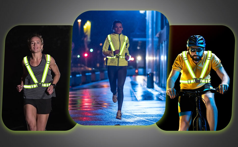 Immagine a tre pannelli di corridori che indossano giubbotti di sicurezza gialli riflettenti durante le attività notturne, che mostra