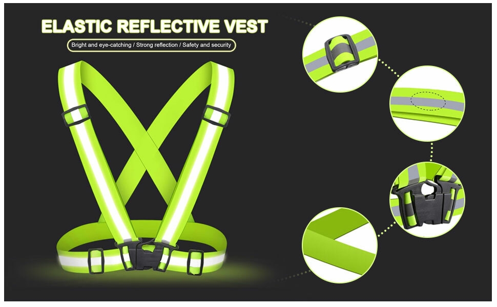 Gilet riflettente elastico in verde neon con cinghie regolabili e strisce riflettenti. Le immagini inserite mostrano primi piani di elementi riflettenti e funzioni di regolazione