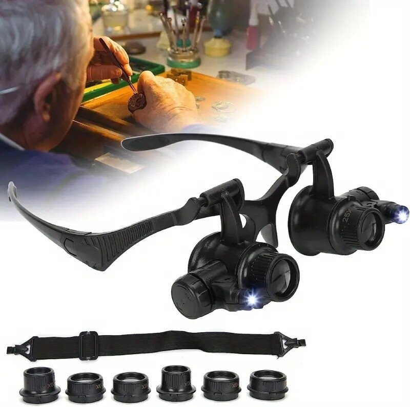 goxawee magnifying glass 10x 25x hands free loupe eyeglass with led light replaceable lenses for antique appraisal jewelry work watch repair details 0