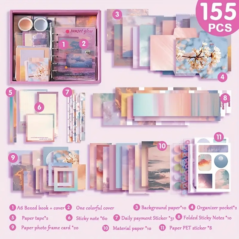 一套155张景观图案活页纸,水彩风格,可回收,办公用品,diy笔记本材料,带贴纸礼盒套装,适合学校和生日礼物 0