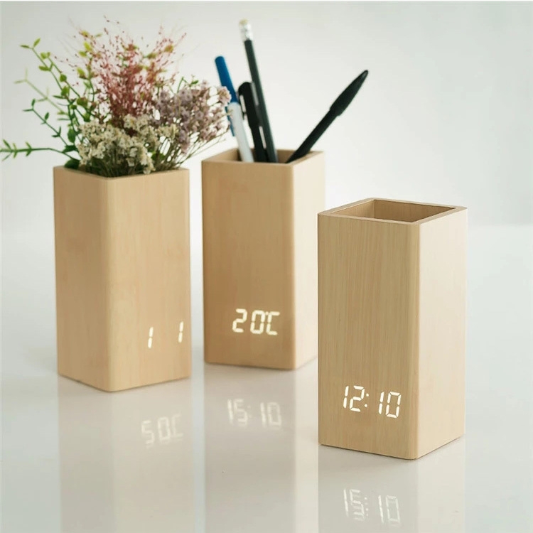 wooden digital temperature pen holder alarm clock for gift & promotion with cheapest price led desk clock