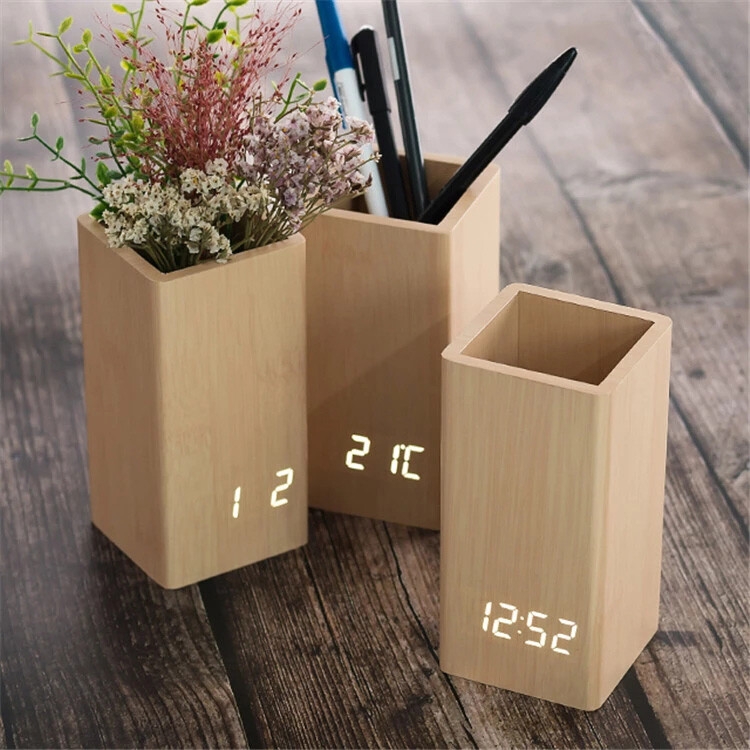 wooden digital temperature pen holder alarm clock for gift & promotion with cheapest price led desk clock
