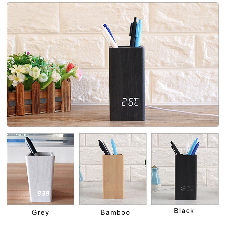 wooden digital temperature pen holder alarm clock for gift & promotion with cheapest price led desk clock