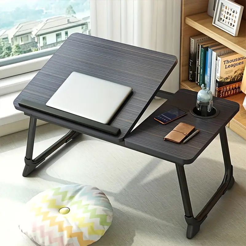 compact foldable laptop desk with cup holder portable wooden bed table for reading writing and   stable   and multi functional tray holder for sofa or floor use details 0