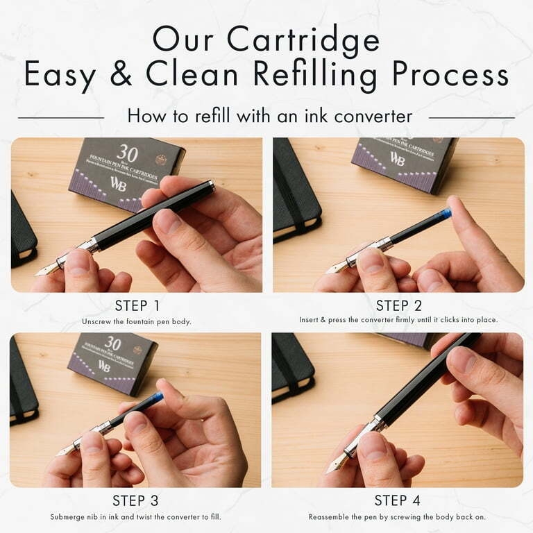 Wordsworth Black Fountain Pen Ink Refills, 30 Blue Ink Cartridges  International Standard Size