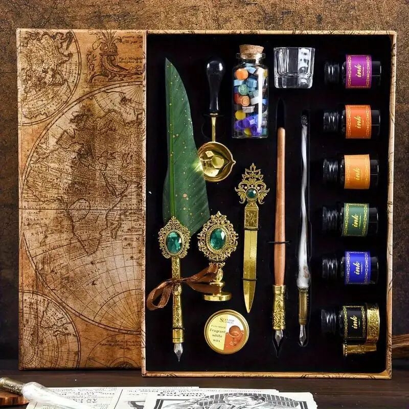 复古宝石羽毛笔套装 书法绘画笔 玻璃蘸水笔 开信刀 羽毛笔套装 印蜡套装 生日和节日礼物 圣诞节,万圣节礼物 10