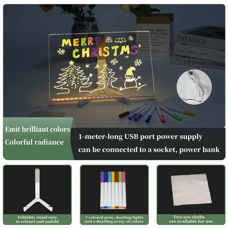1 件 led 发光绘图板，可擦除压克力讯息面板，带 7 色笔和夜灯，usb 供电，用于创意活动，可重复使用的涂鸦板带支架，安全无毒材料，亚克力留言板、绘图板 3