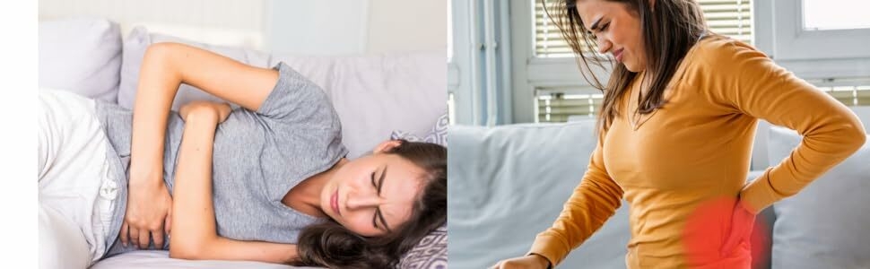 Women holding her stomach and back due to severe stomach cramps